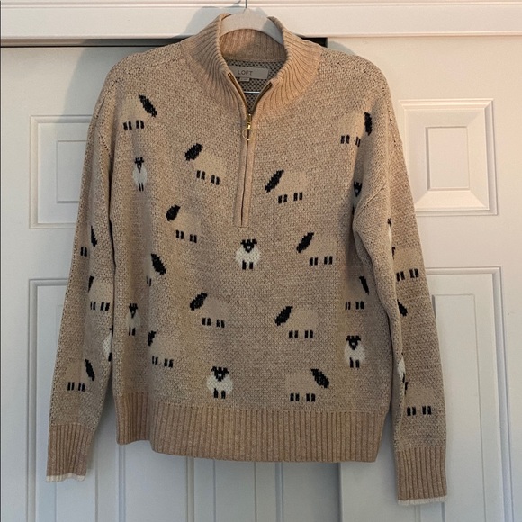 LOFT Beige Sheep Pattern Half-Zip Sweater - Picture 1 of 6